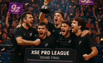 Photograph of the 9z esports team celebrating their 3-0 victory at the XSE Pro