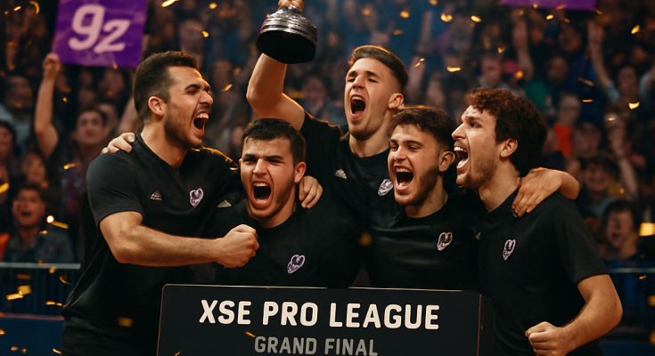Photograph of the 9z esports team celebrating their 3-0 victory at the XSE Pro