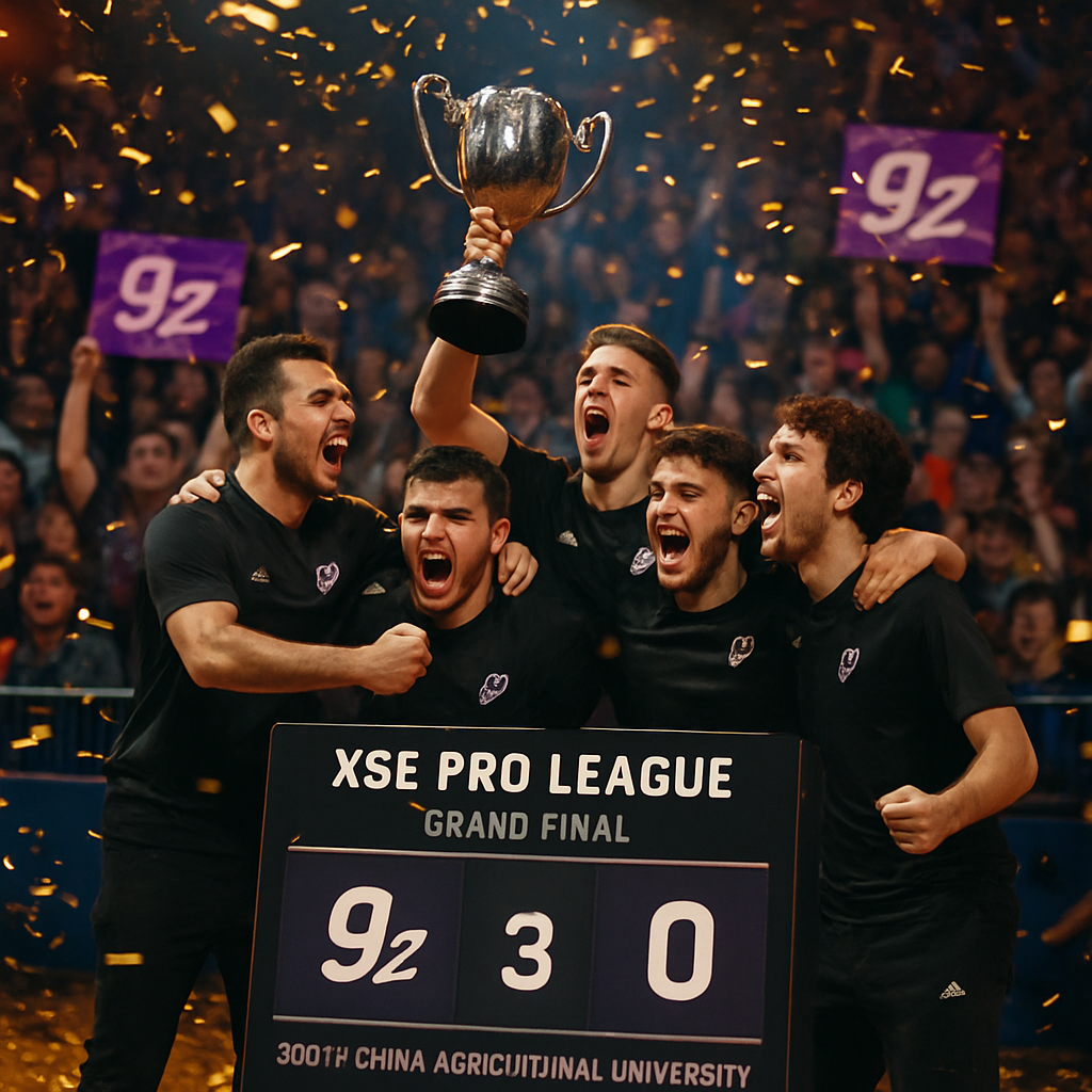Photograph of the 9z esports team celebrating their 3-0 victory at the XSE Pro