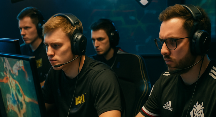 A tense moment in an esports match showing NAVI players celebrating their victory against