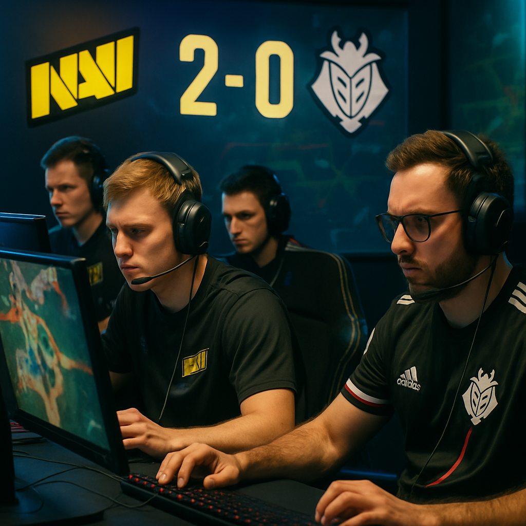 A tense moment in an esports match showing NAVI players celebrating their victory against